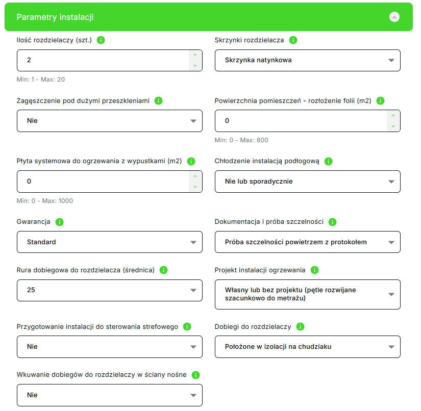 Konfigurator ekotak.pl/cennik — parametry instalacji ogrzewania podłogowego, przy każdym polu ikona z opisem